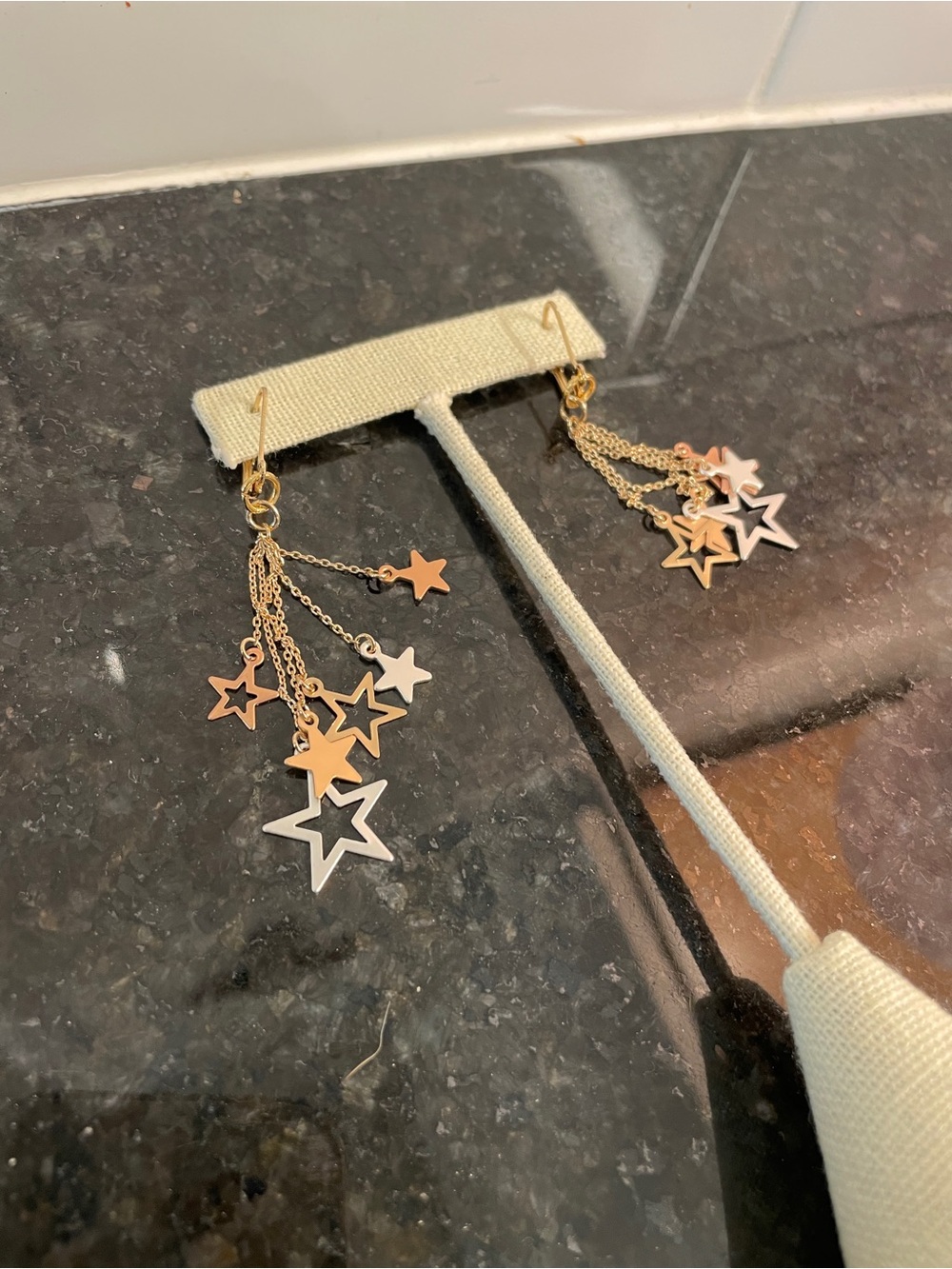 Two-Tone Gold and Rose Gold Star Dangle Earrings - Women Jewelry